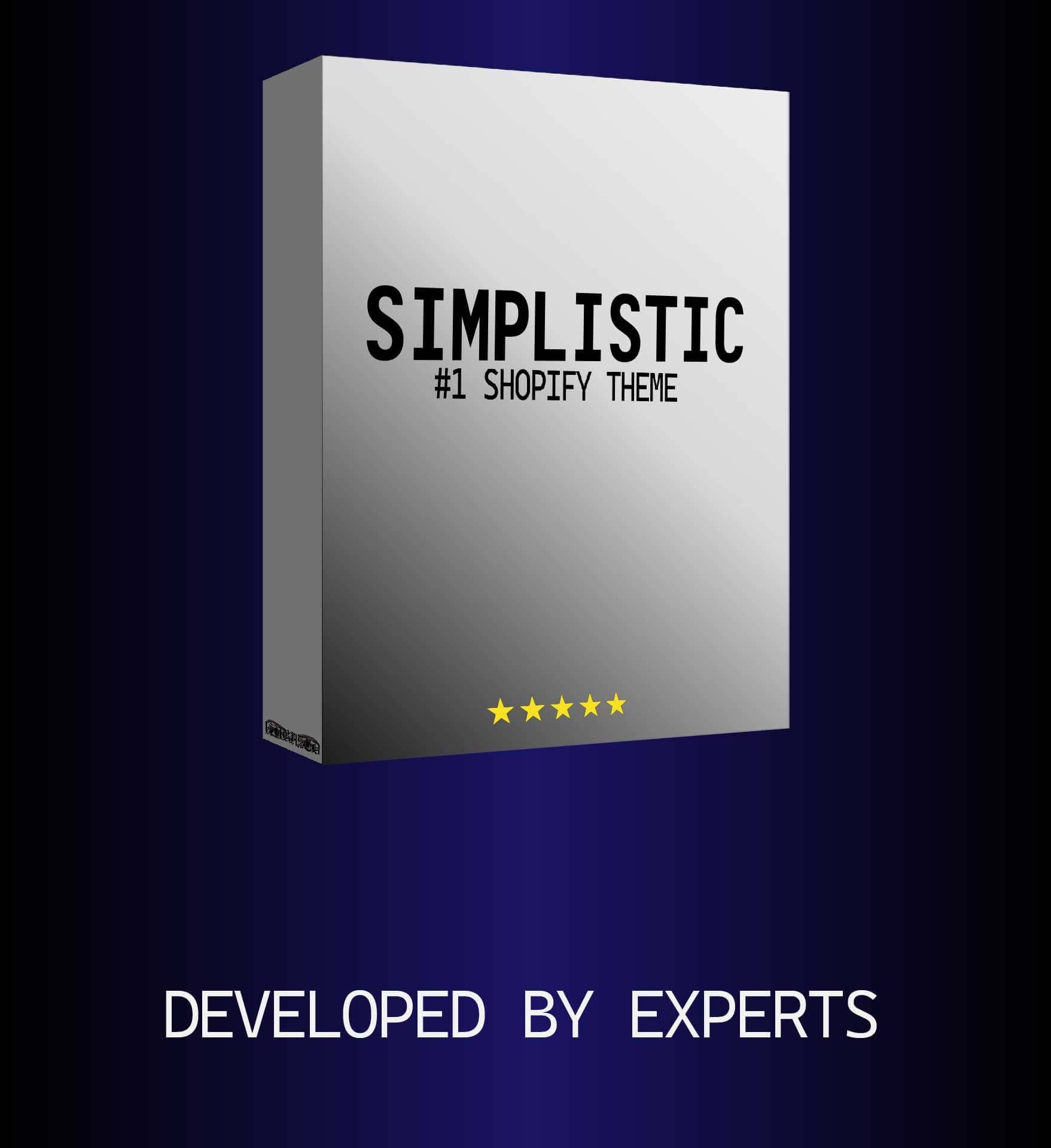 Simplistic V2 Shopify theme box design with expert development and five-star rating for online store setup.